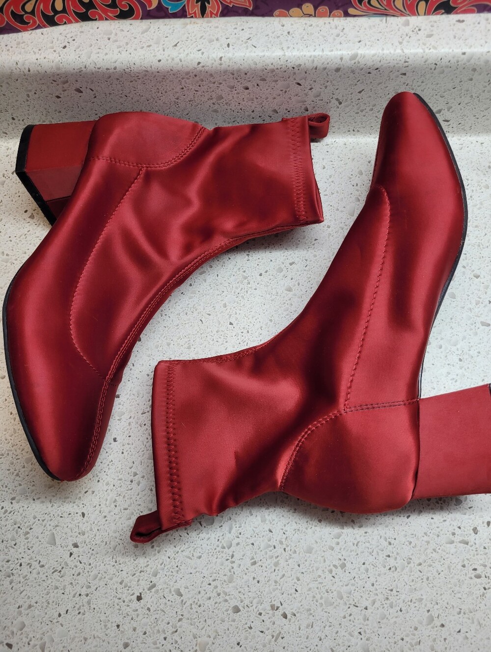 066 Forever 21 Red Satin Sock Boots Block Heel - EUR 37, US 6.5-7 - SOLD AS IS